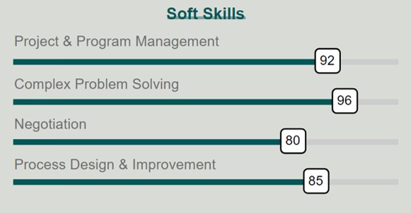 Image of soft skills: Project / Program Management ranks 92 out of 100; Complex problem solving ranks 96 out of 100; negotation ranks 80 out of 100; process design and improvement ranks 85 out of 100